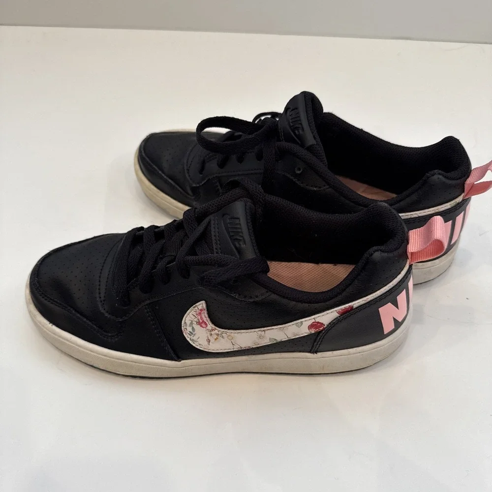 Nike Court Borough Black White Floral Leather Sneakers 7Y Youth Lace Up Tie Shoe